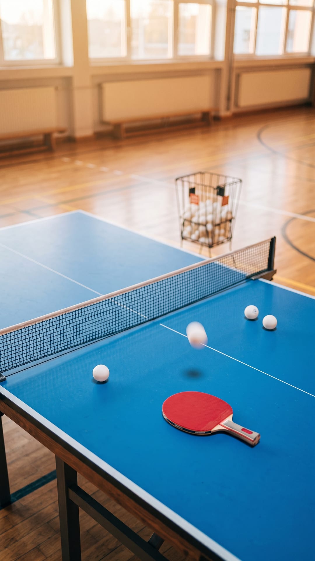 Tischtennisplatte mit Kinderschläger und Bällen in der Turnhalle
